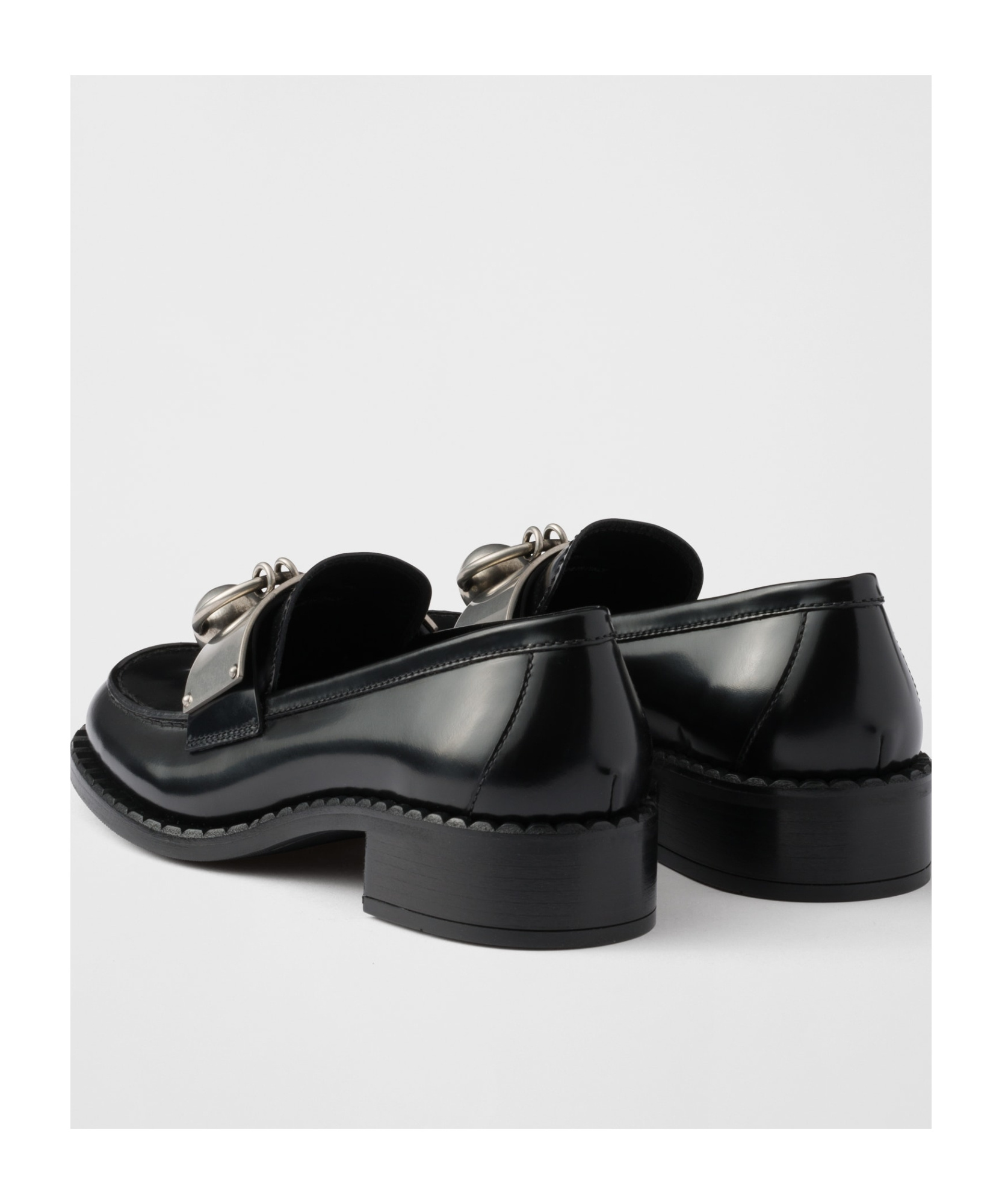 Prada Leather Loafers With Block Heel And Metallic Detail In Black