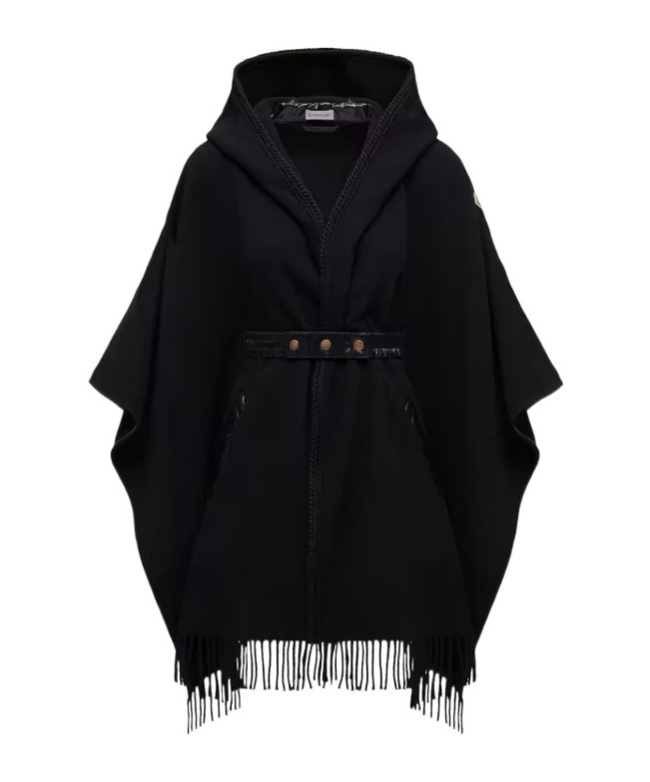 Moncler Hooded Cape With Belted Waist And Fringed Hem In Black