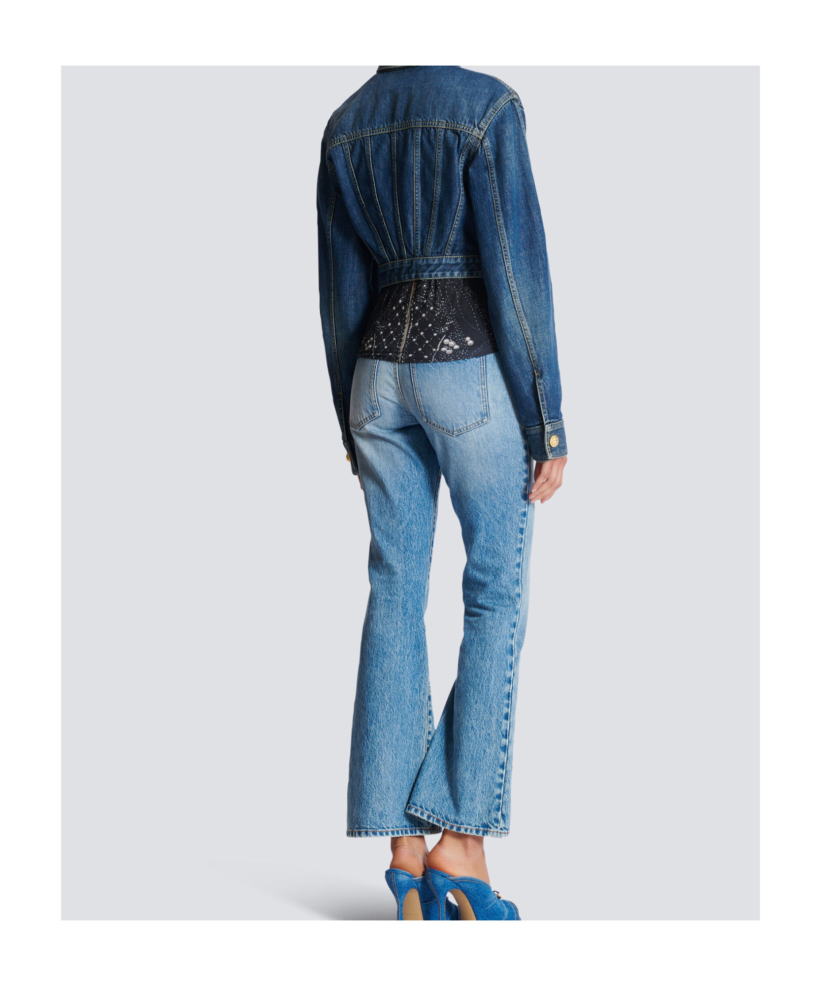 Shop Balmain Cropped Faded Denim Jacket In Blue
