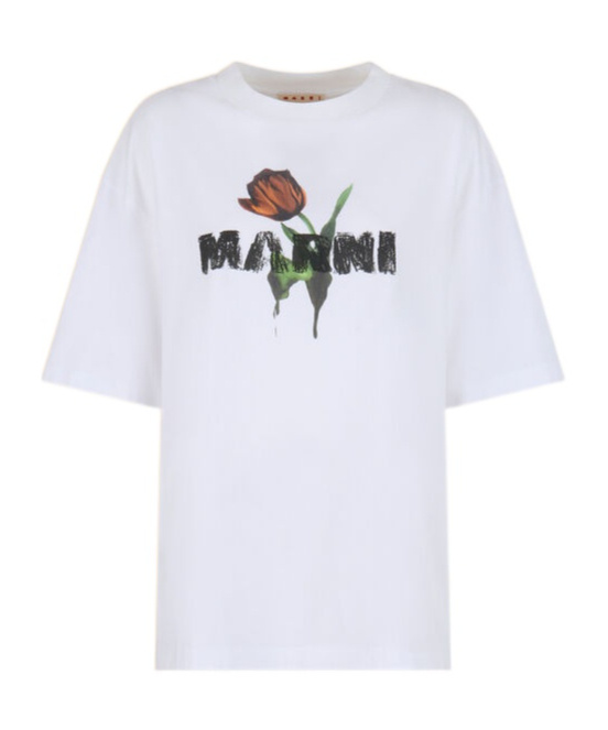 Marni White Crewneck T-shirt With Logo Lettering And Logo Print On The Front