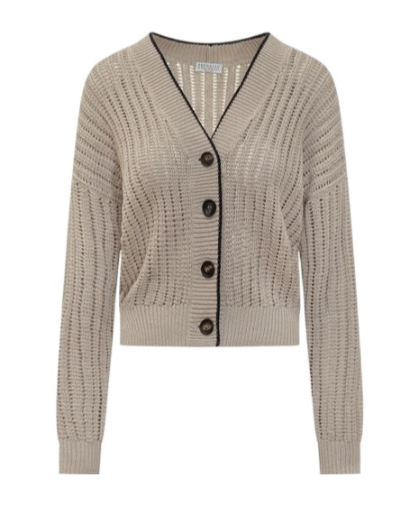 Brunello Cucinelli V-neck Contrast-trim Cardigan In Nude