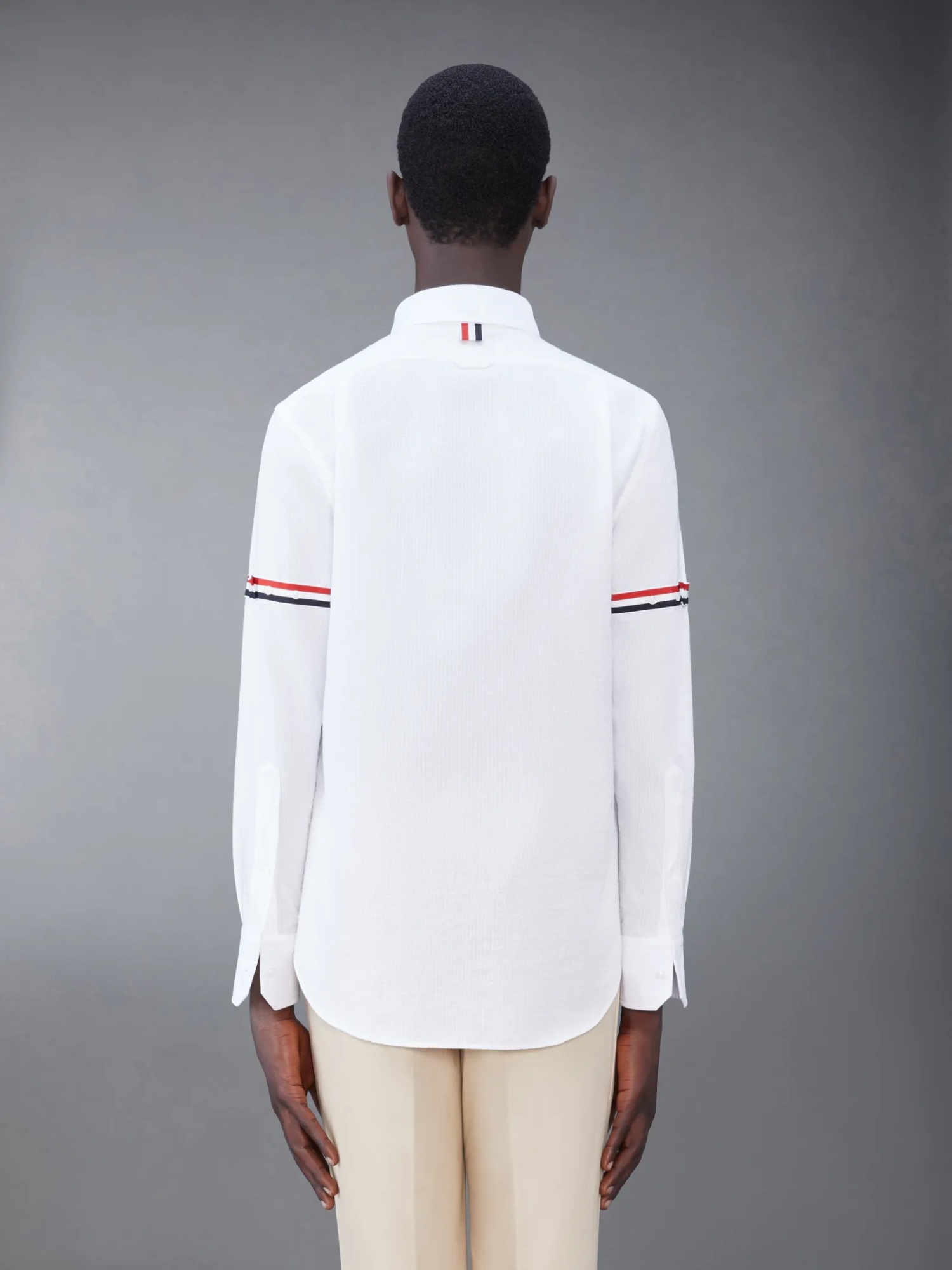 Thom Browne Armband-detail Seersucker Rwb Striped Shirt In White