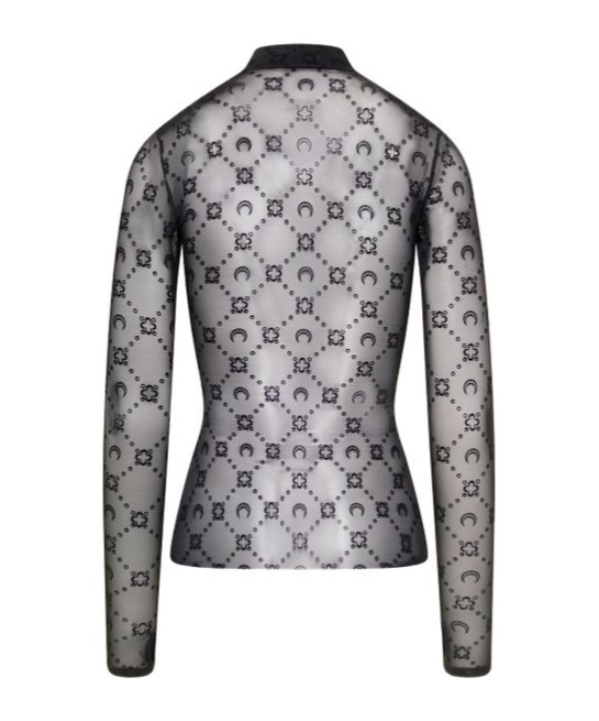 Marine Serre Black Sheer Top With Flocked Monogram In Stretch Polyamide Woman In Black