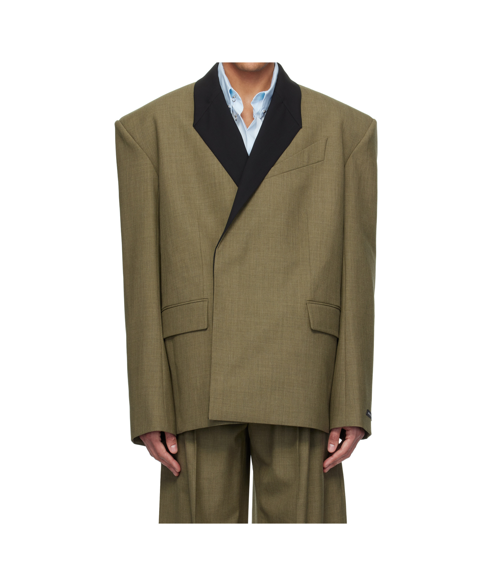 Mugler Khaki Contrasted Collar Tailored Blazer In Green