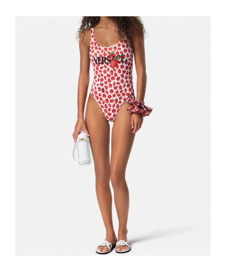 Versace Strawberry Garden Barocco Reversible One-piece Swimsuit In Red