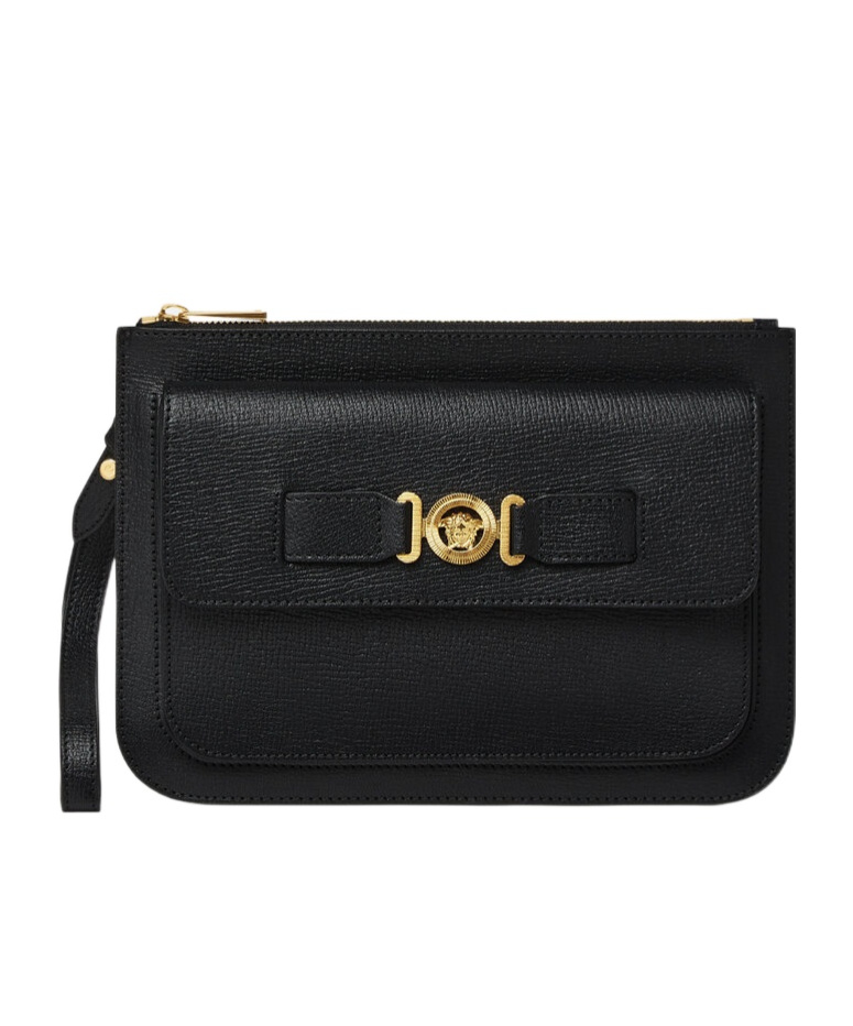 Versace Medusa Plaque Mini Leather Clutch Bag In Black
