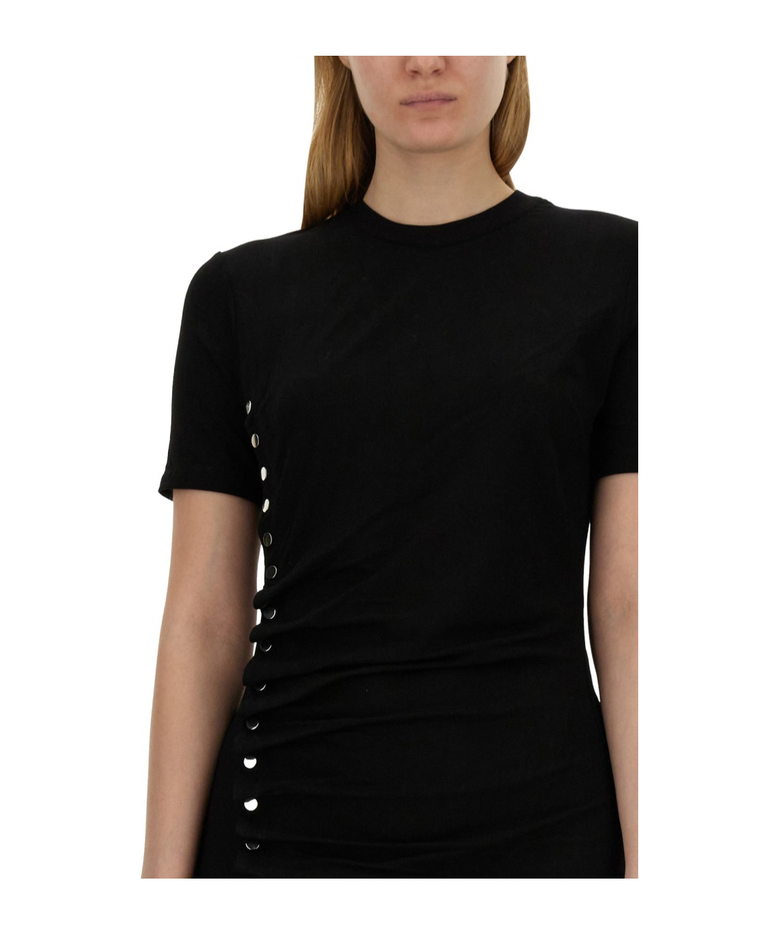 Rabanne Side Snap Ruched Asymmetric Minidress In Black