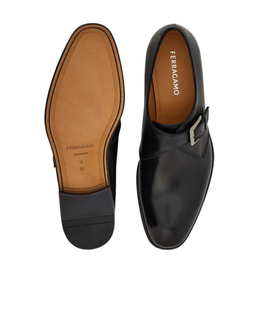 Ferragamo Buckle-fastening Leather Monk Shoes In Black