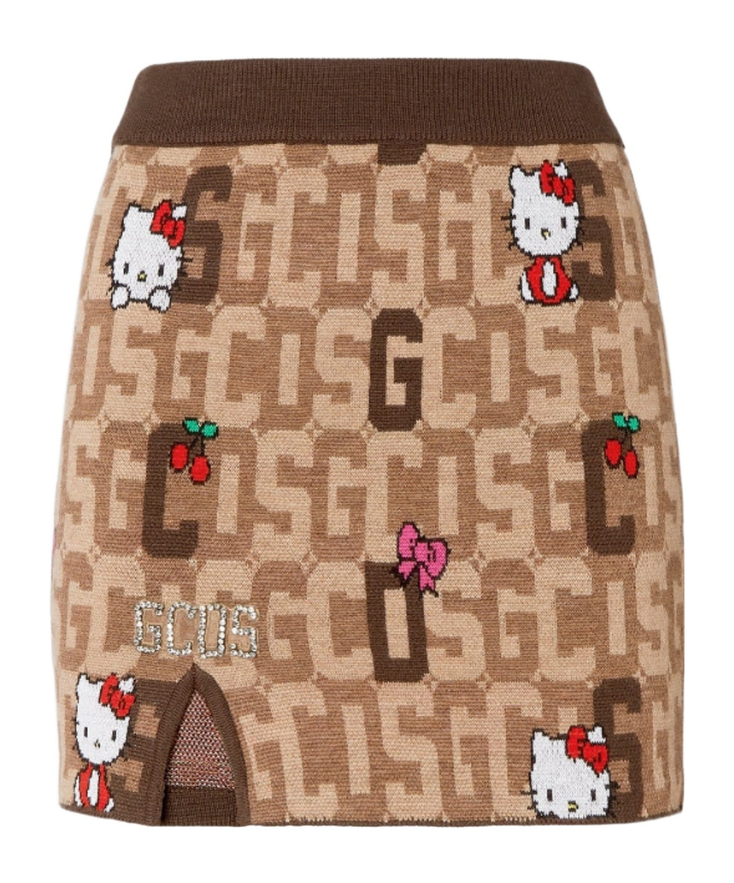 Gcds Brown And Beige Mini Skirt In Wool Blend Knit With Logo Plate, Hello Kitty Motif And Contrast Jacqu In Brown