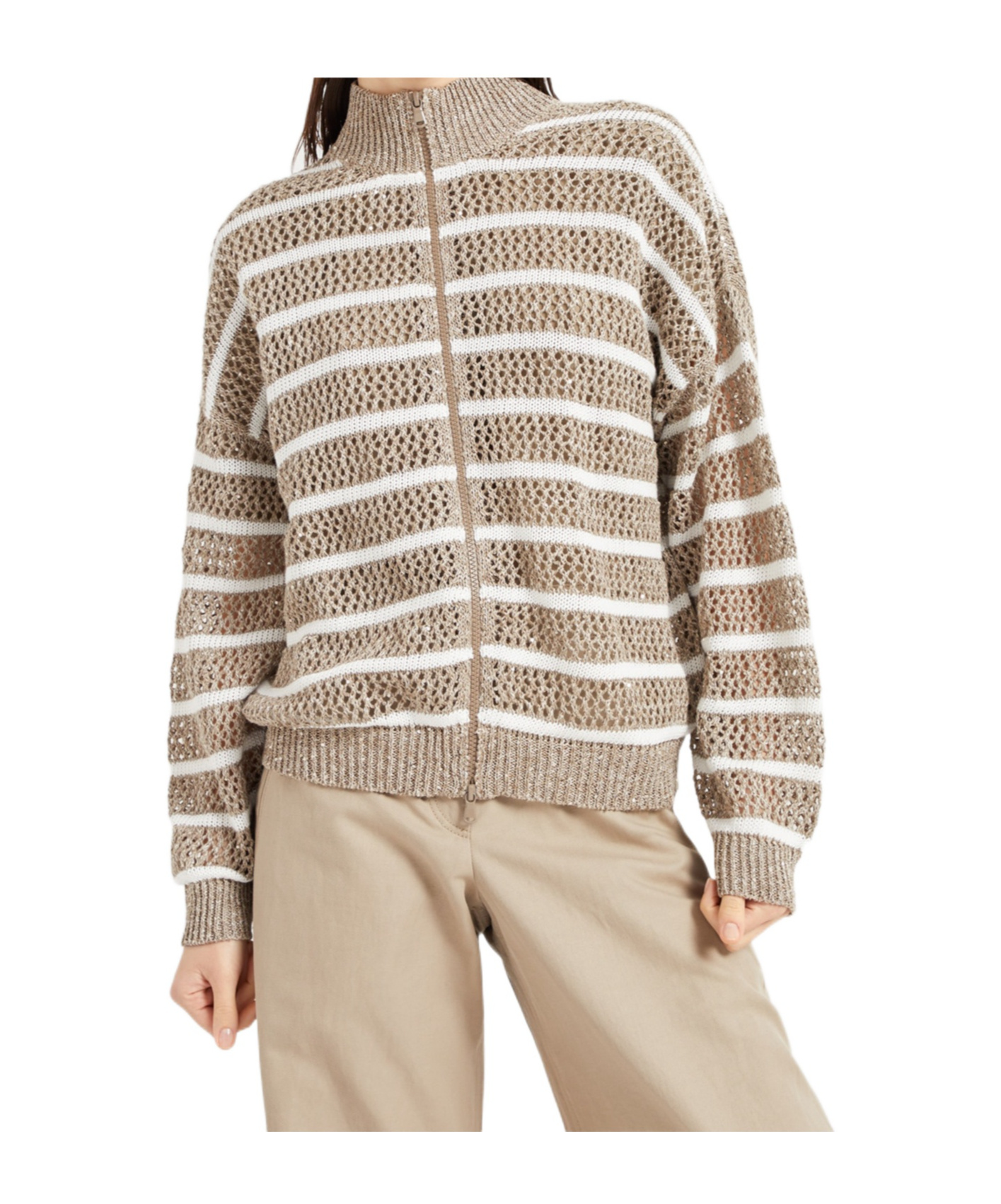 Brunello Cucinelli Striped Cardigan In Nude