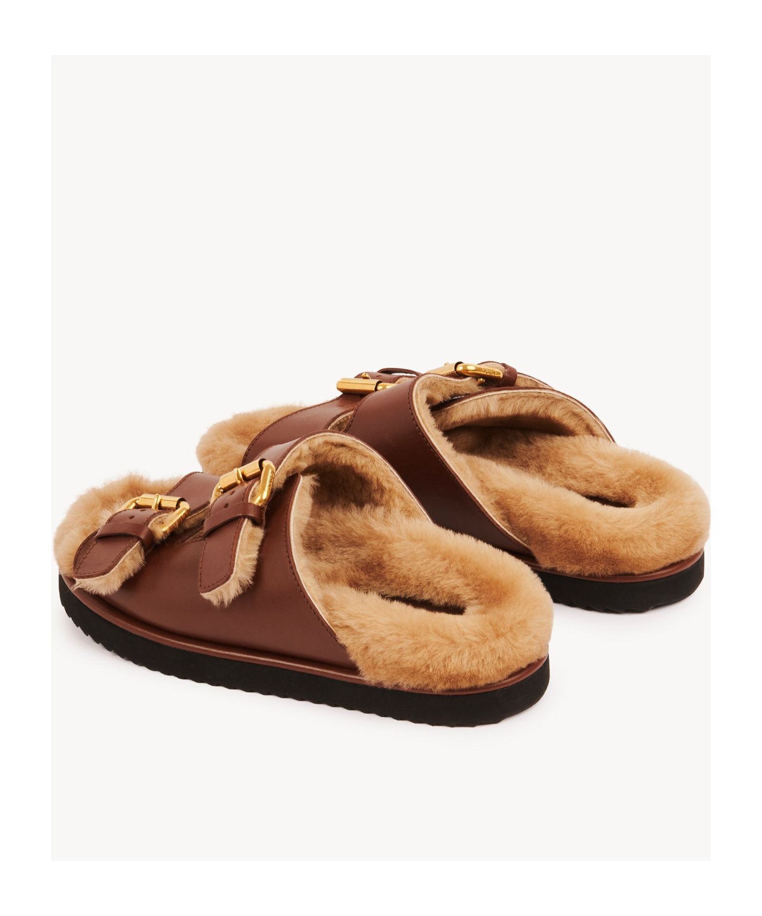 Chloé Nil Leather Shearling Dual-buckle Sandals In Brown