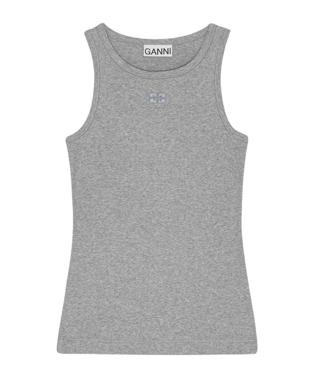 Ganni Grey Soft Cotton Rib Tank Top In Gray
