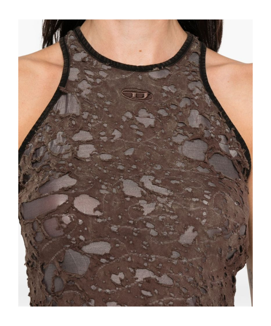 Diesel Logo Embroidered Distressed Sleeveless Top In Brown