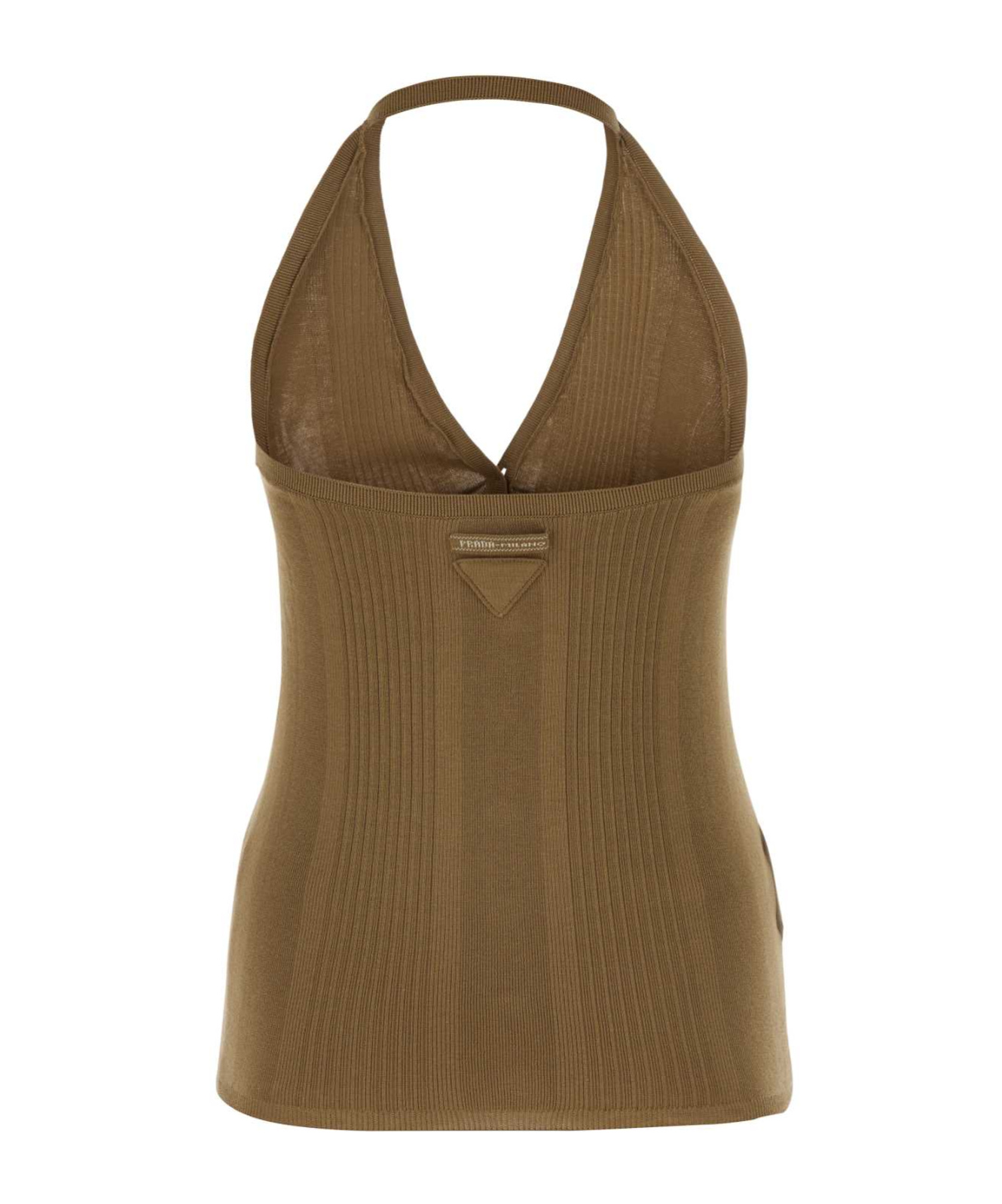 Prada Cotton Knit Halter V-neck With Ribbed Texture And Button Accents In Cork Beige