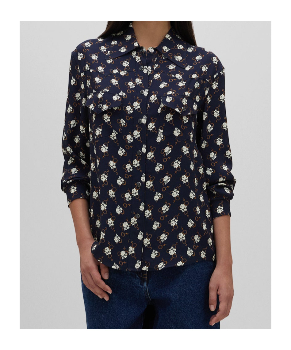 Aspesi Floral-print Viscose Crepe Blouse With Pleated Back In Black