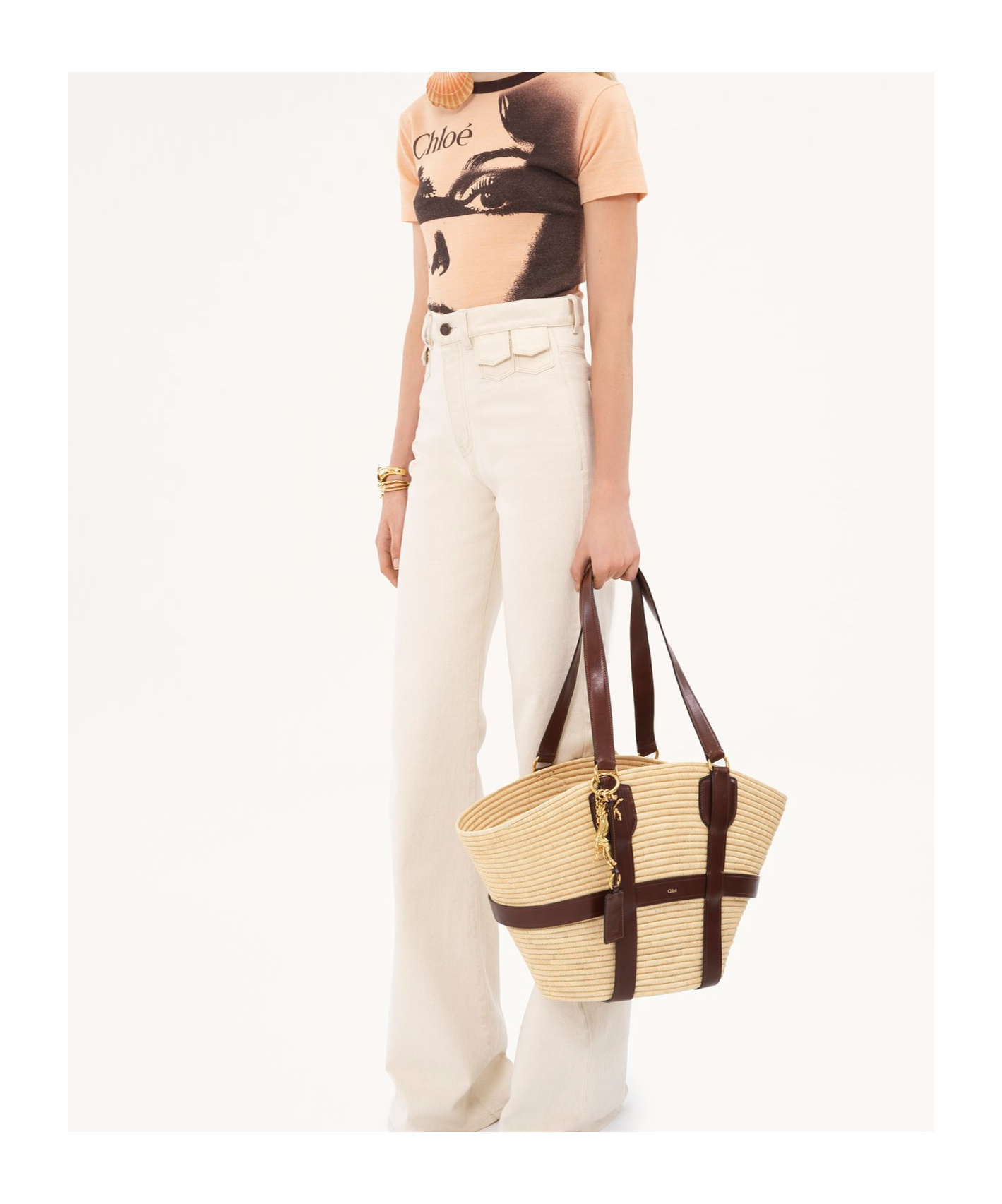 Chloé Kerala Large Basket Tote Bag In Fabric And Leather In Nude