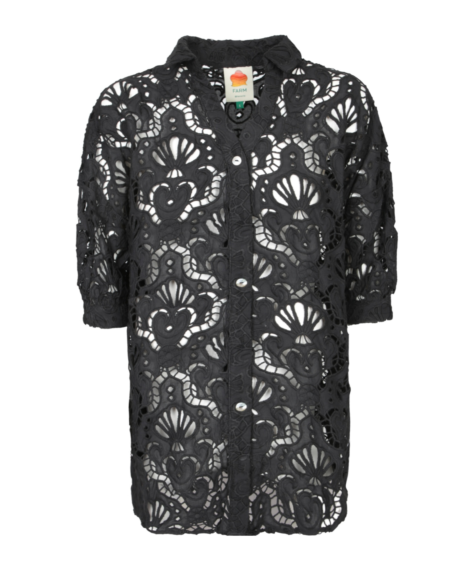 Farm Rio Lapel Short-sleeved Shirt In Black