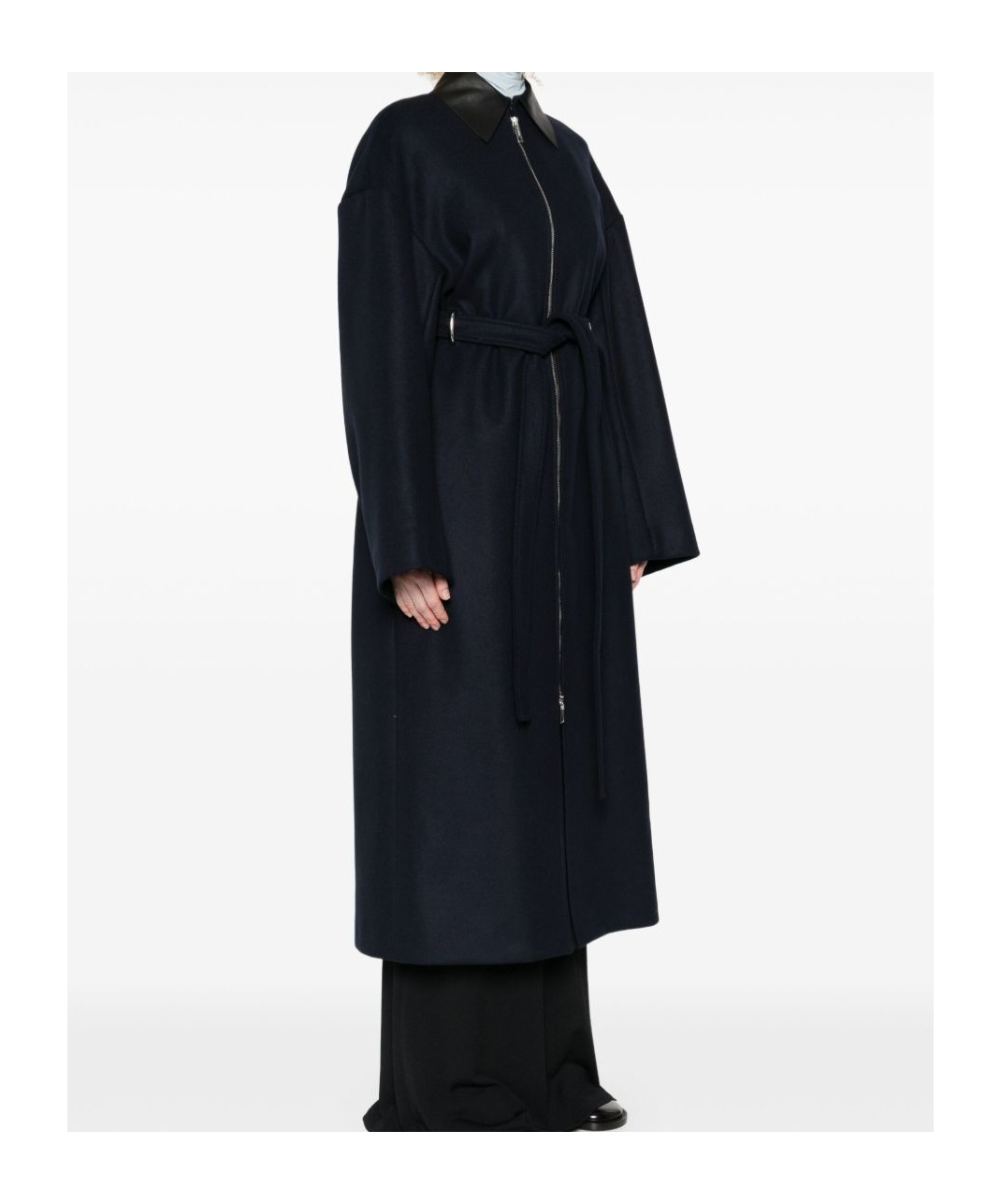 Sportmax Belted Long Coat Featuring Leather Collar In Blue