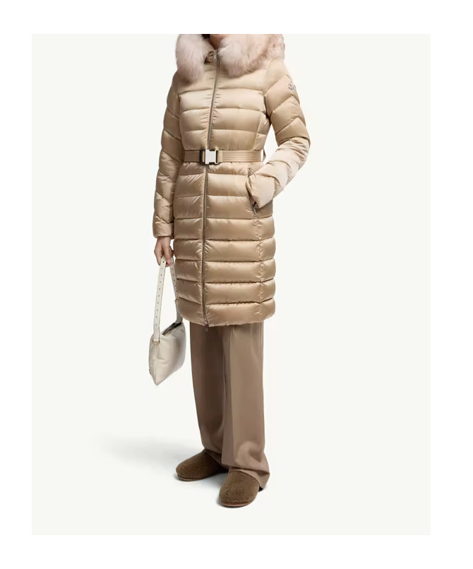 Moncler Leersie Hooded Shearling-trimmed Long Down Jacket In Neutral