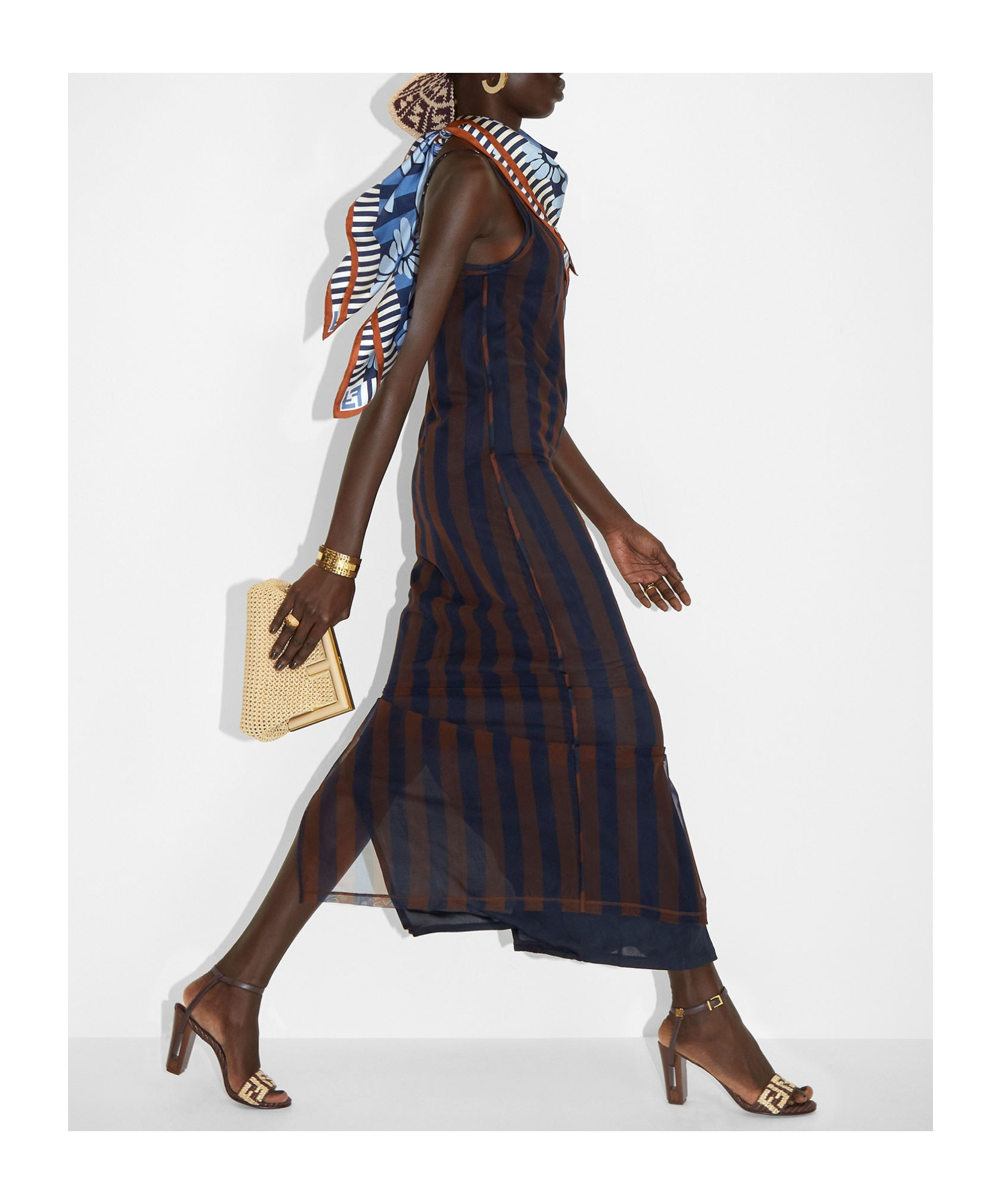 Fendi Sheer Overlay Midi Length Slip Dress In Brown