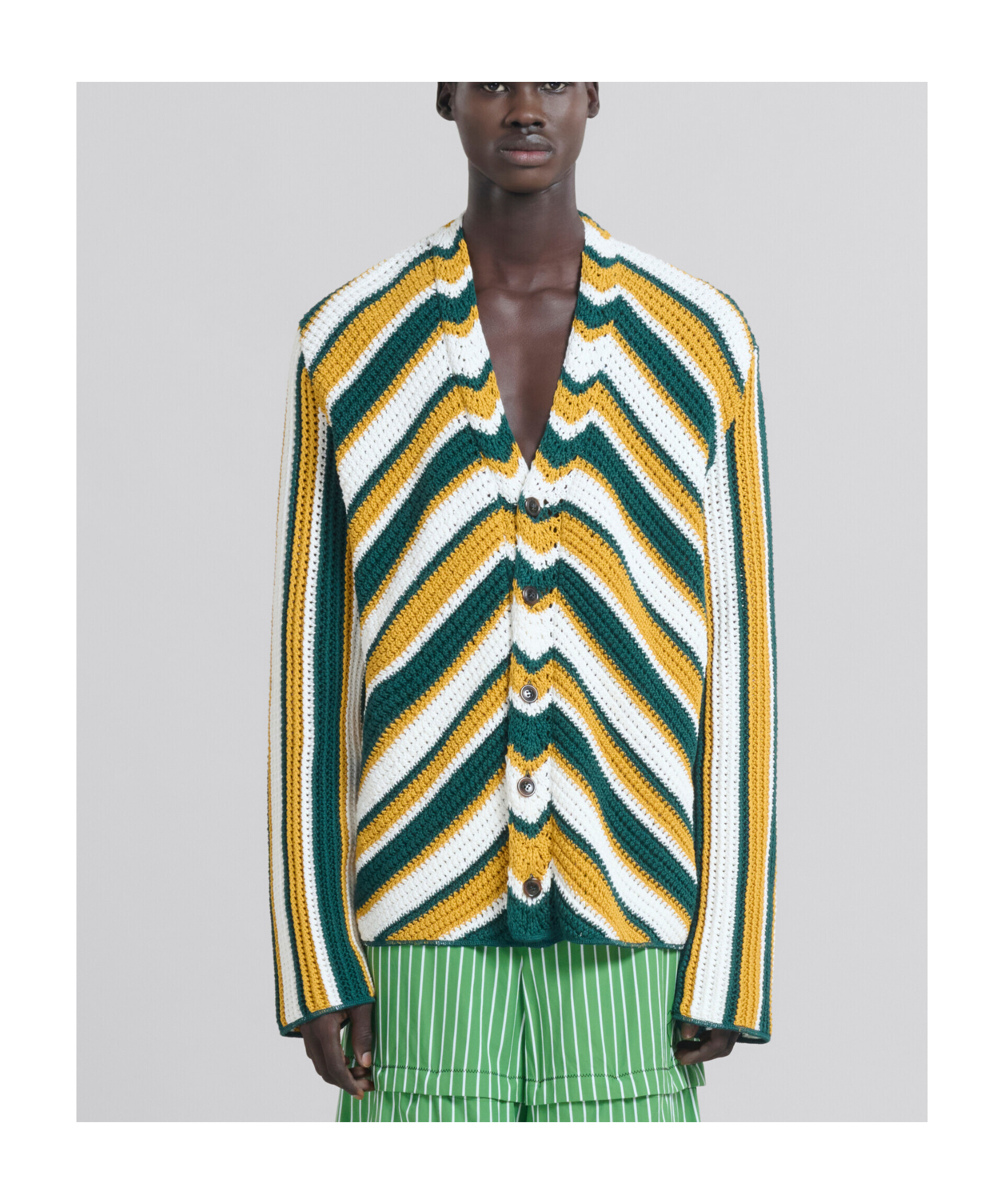 Shop Marni Teal And Yellow Crochet Cardigan With Chevron Pattern In Green