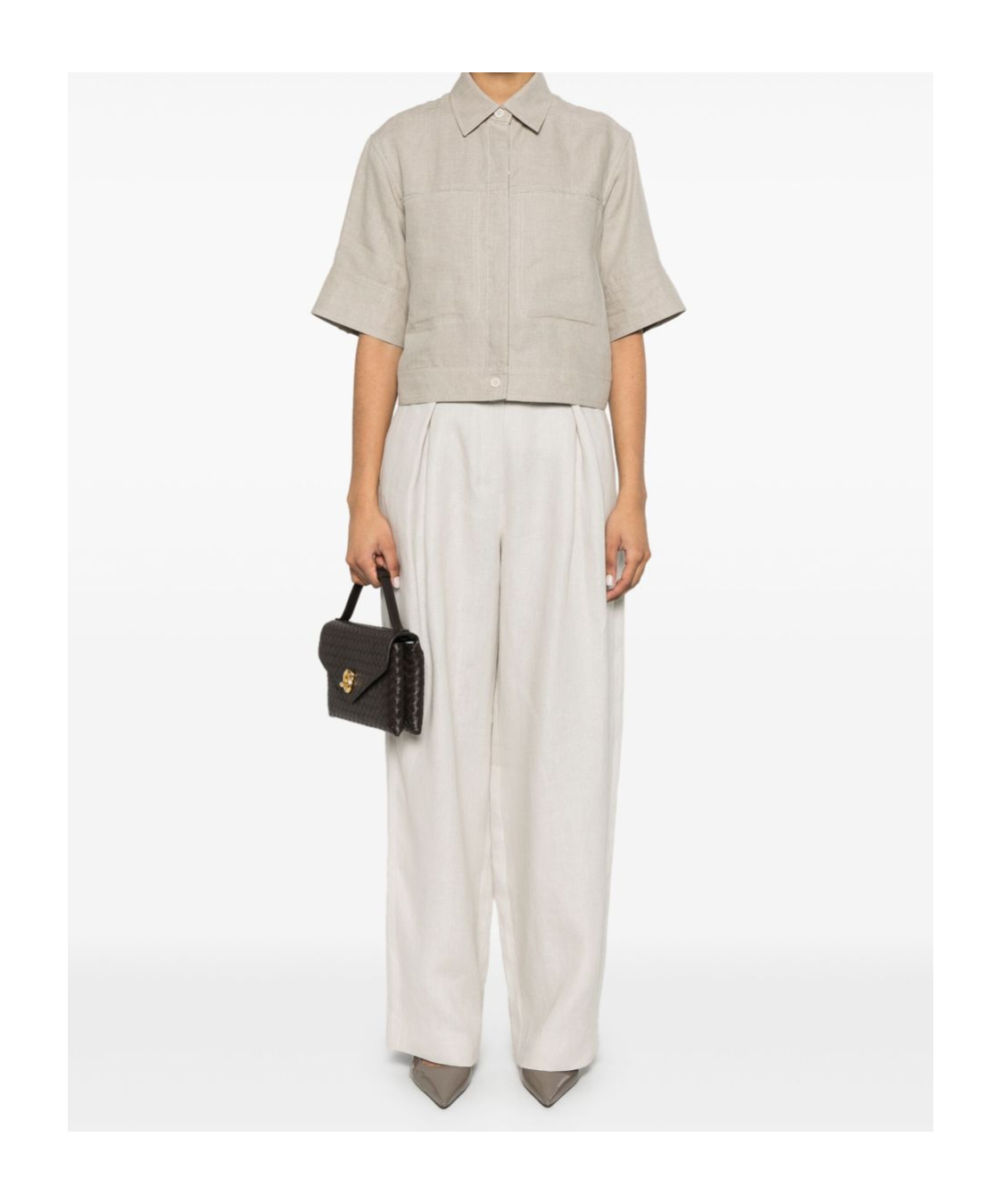 Max Mara Linen Shirt With Cropped Length And Collar In Nude