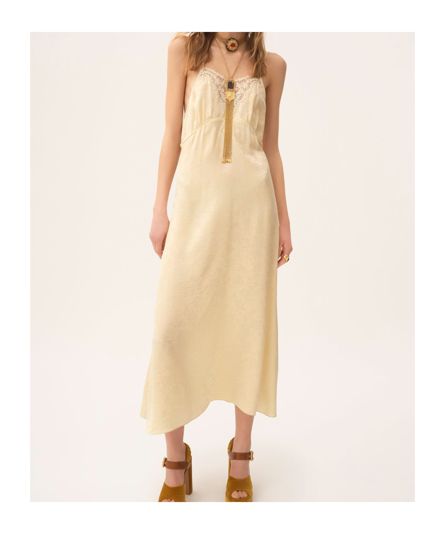 Chloé Thin-strap Midi Dress In Silk Jacquard Lace In Yellow