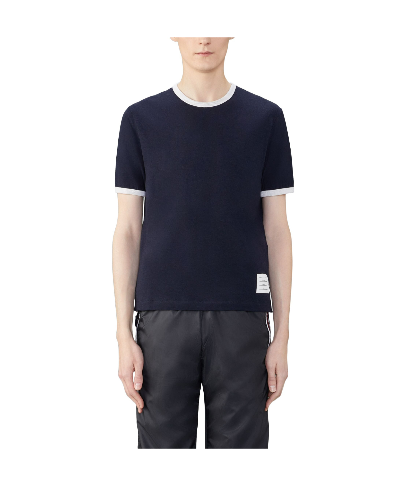 Thom Browne Mens Navy Ringer Brand-patch Stretch-wool T-shirt In Black