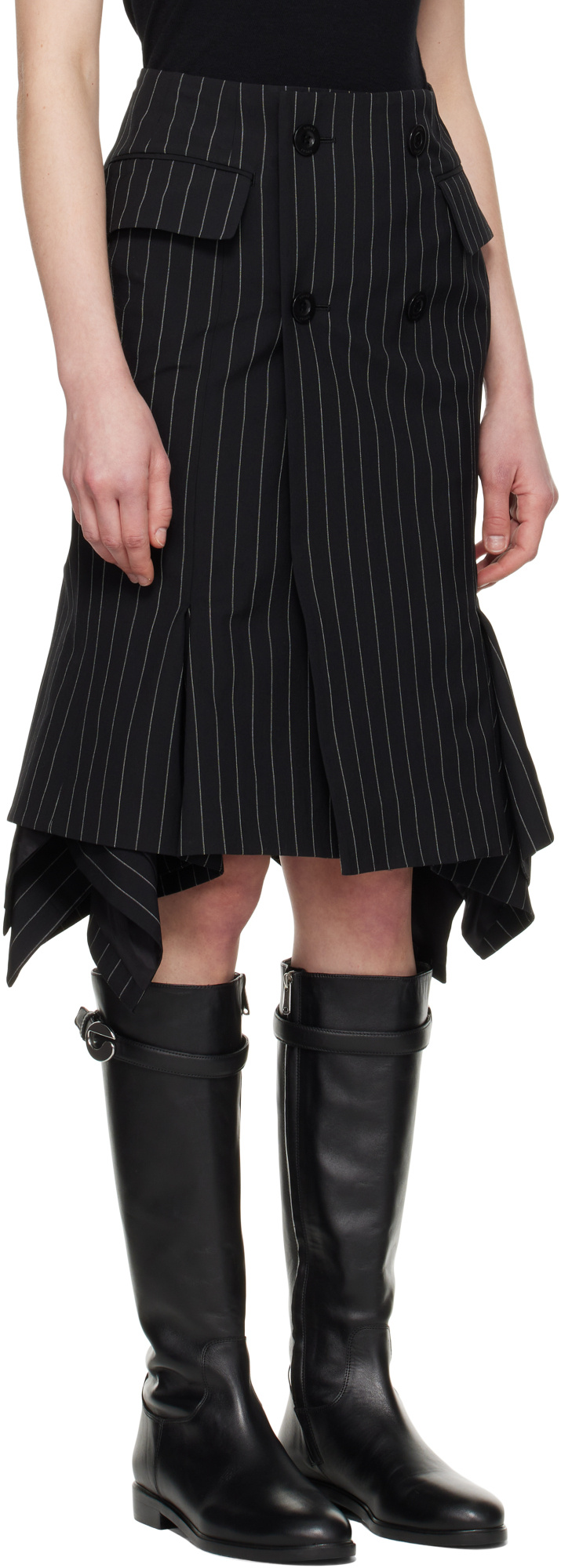 Sacai Black Wool Silk Suiting Midi Skirt In Black