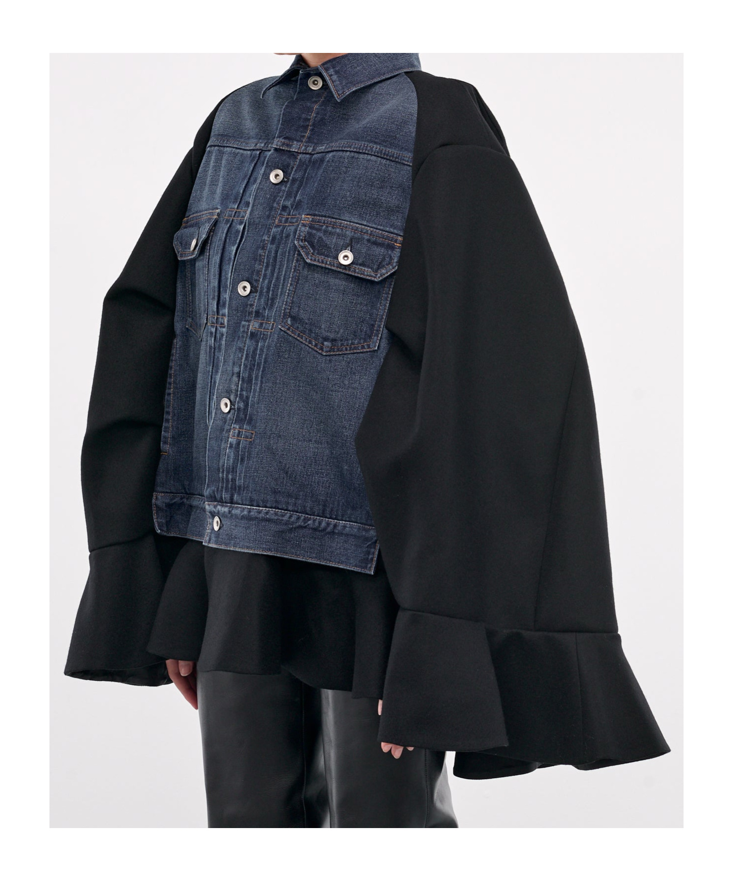 Sacai Denim-panel Cape In Black