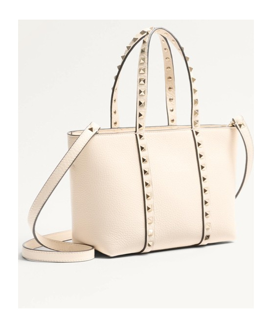 Valentino Garavani Sand Leather Small Rockstud Shopping Bag In Neutral