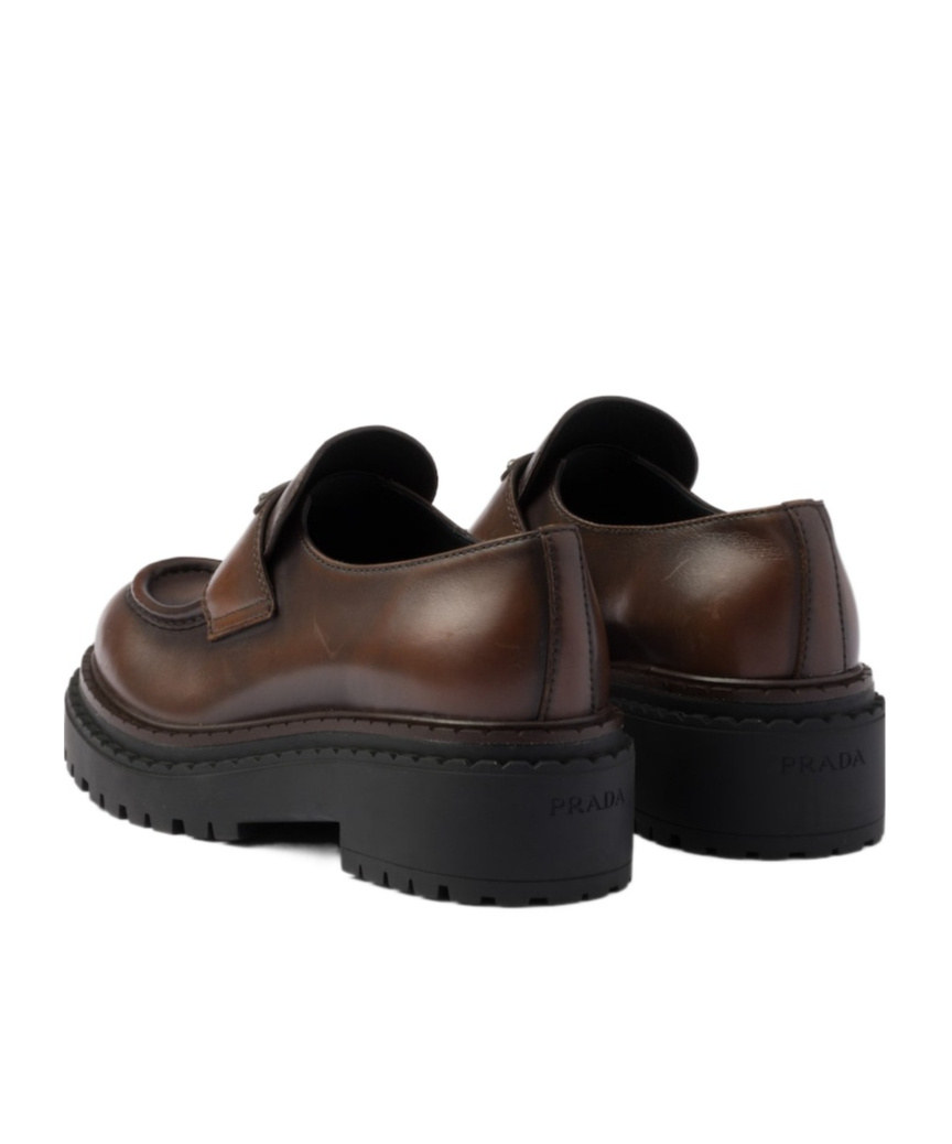 Prada Chocolate Cognac Brushed Leather Moccasin Women In Brown