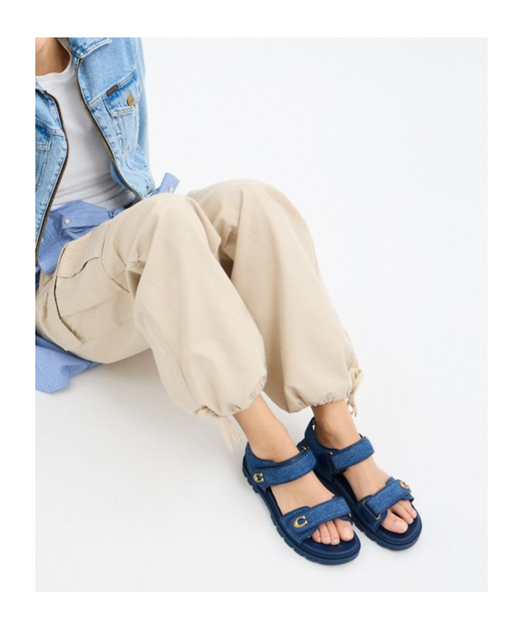 Coach Brynn Denim Touch-strap Sandals In Dark Blue