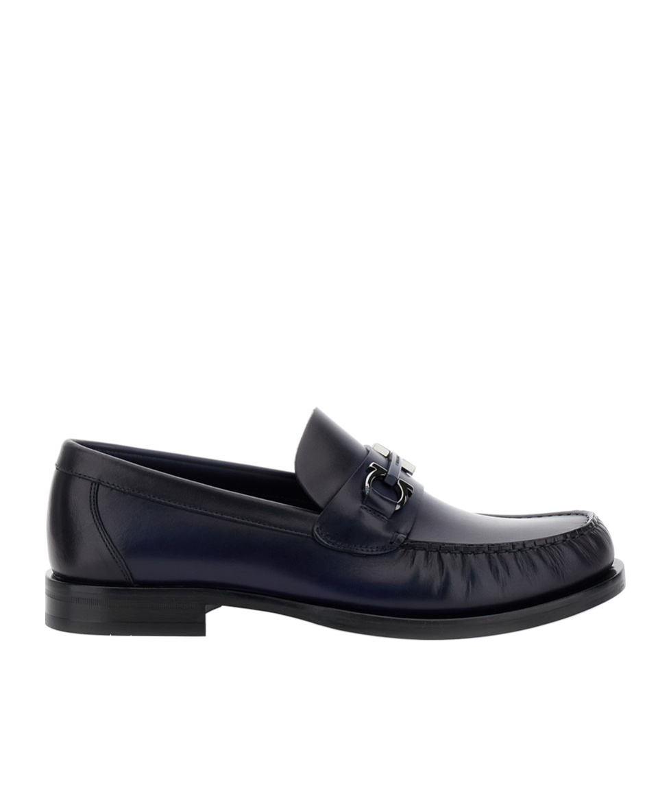 Ferragamo Men 'fort' Blue Slip-on Loafers With Gancini Detail In Brushed Leather Man In Black