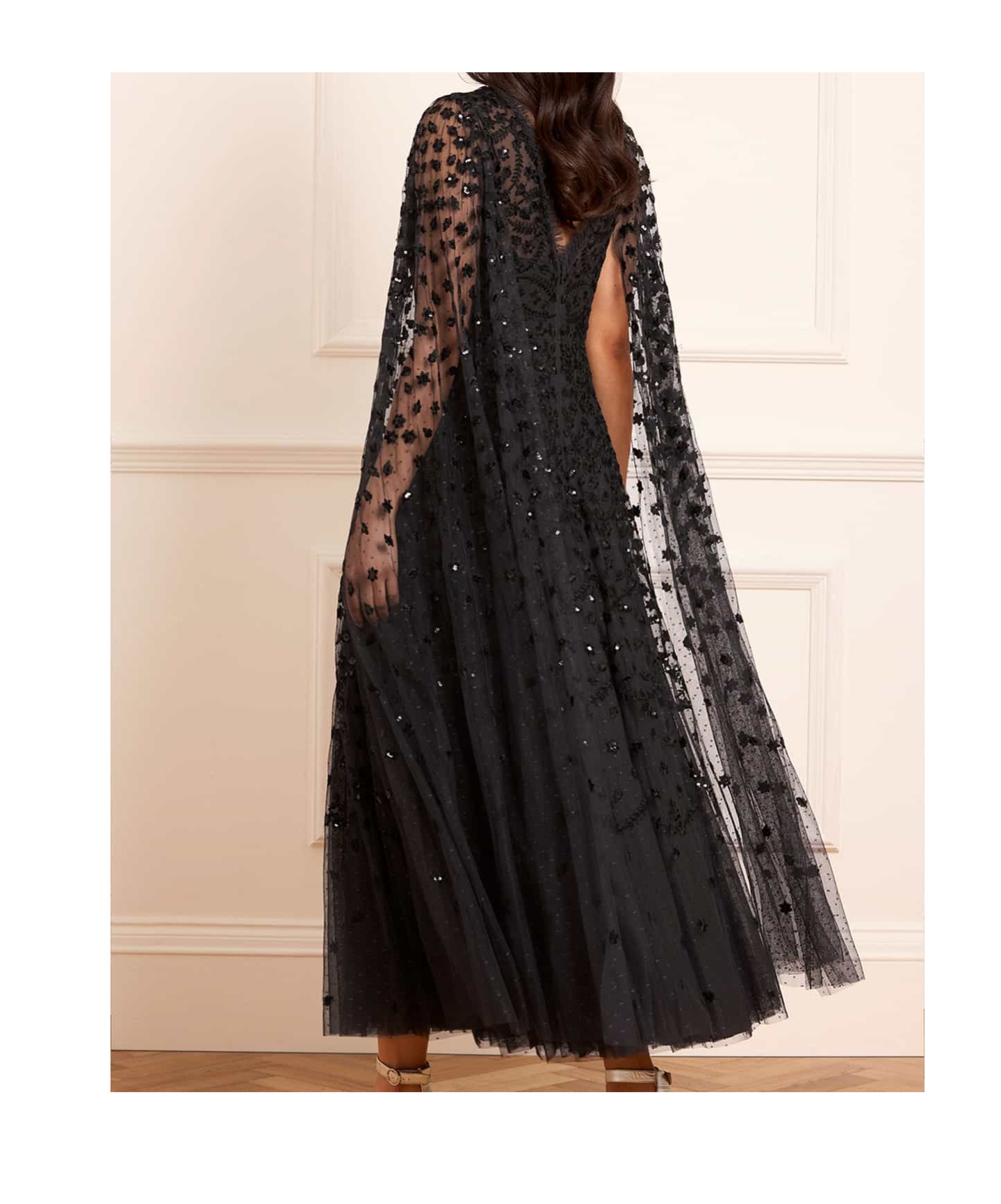 Needle & Thread Clover Cape Sleeve Ankle Gown In Black