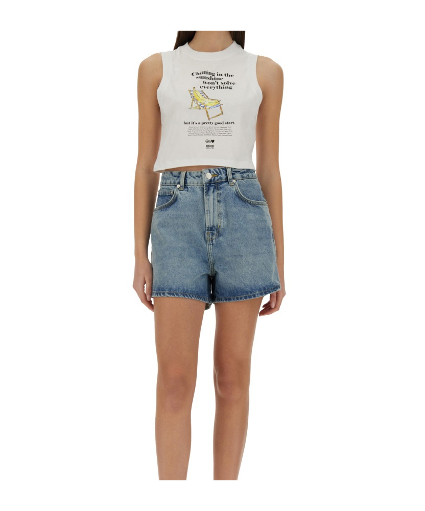 Moschino Graphic Print Sleeveless Crop Top In White
