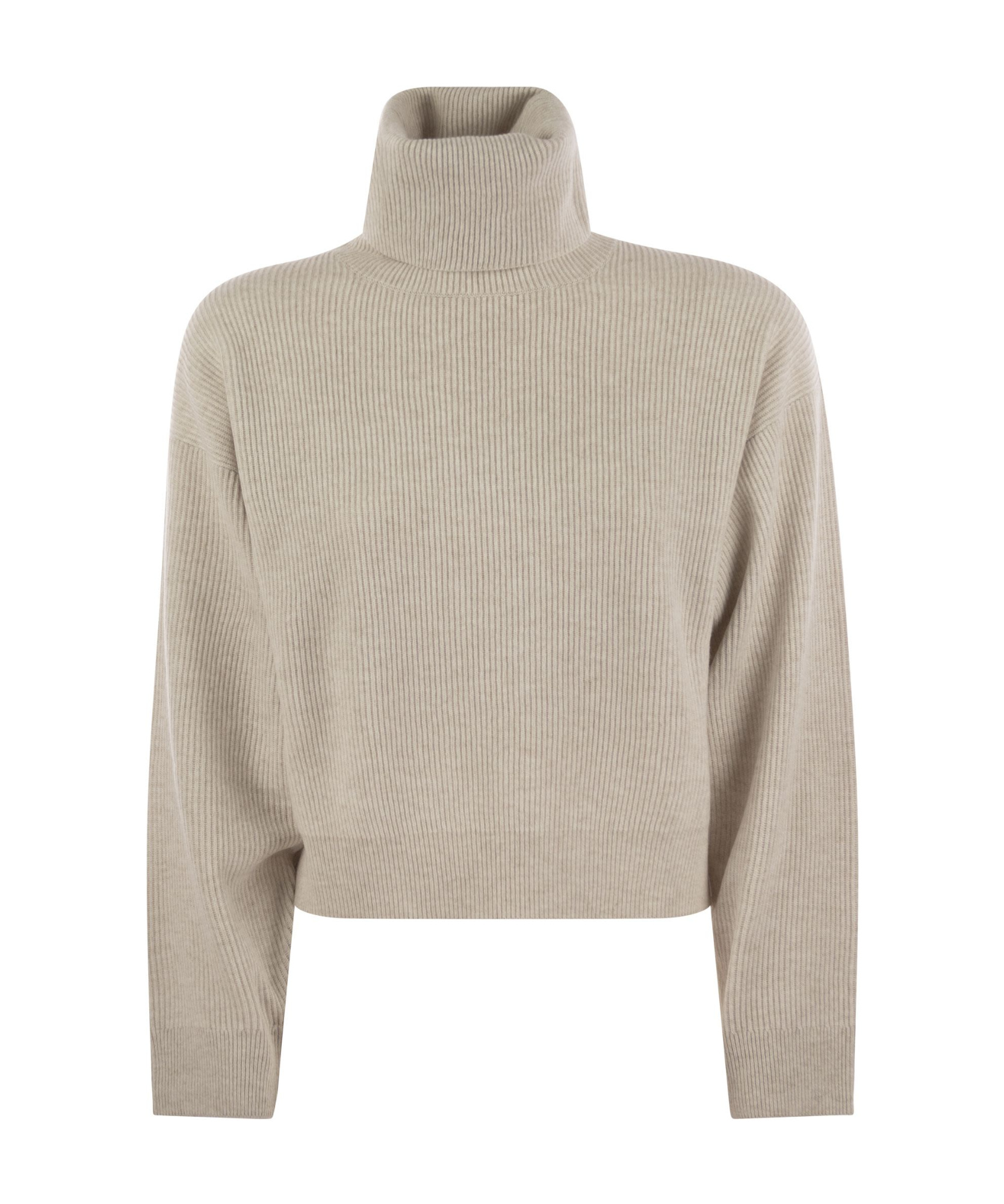 Brunello Cucinelli Turtleneck Sweater In Virgin Wool, Cashmere And Silk Rib In Nude