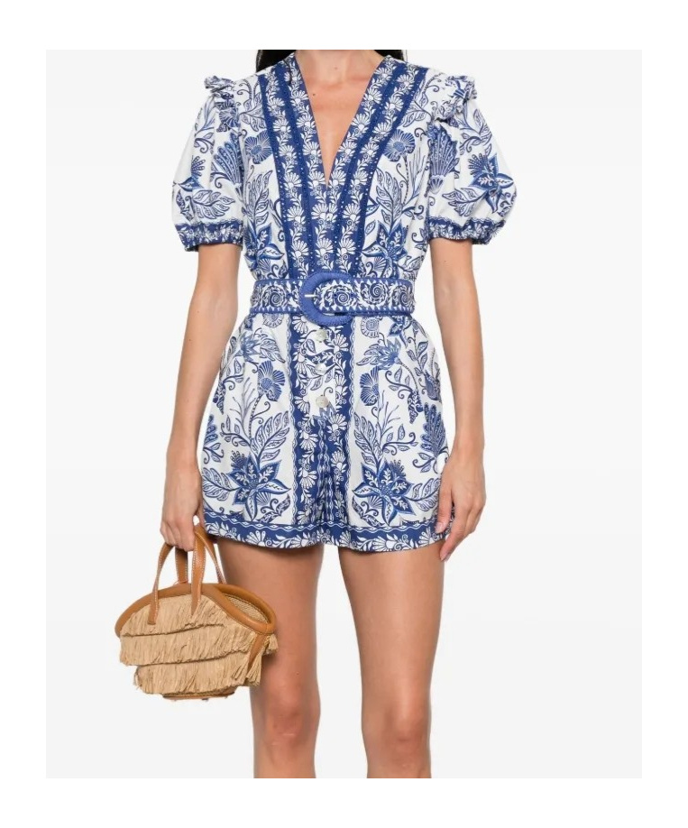 Farm Rio Shell Garden V-neckline Romper In Off-white In Blue