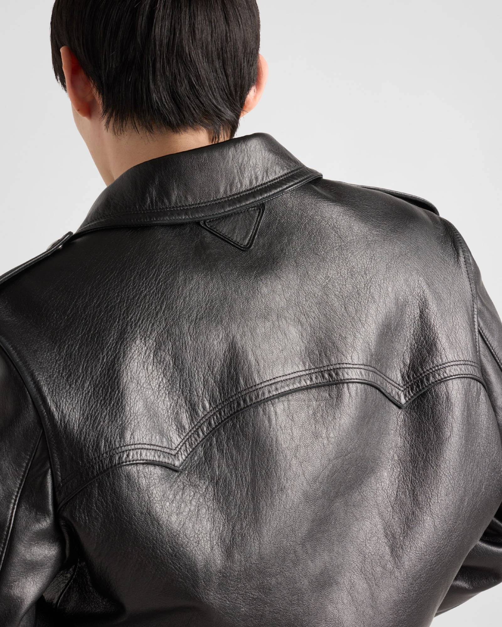 Prada Lapel Long-sleeved Leather Jacket In Black