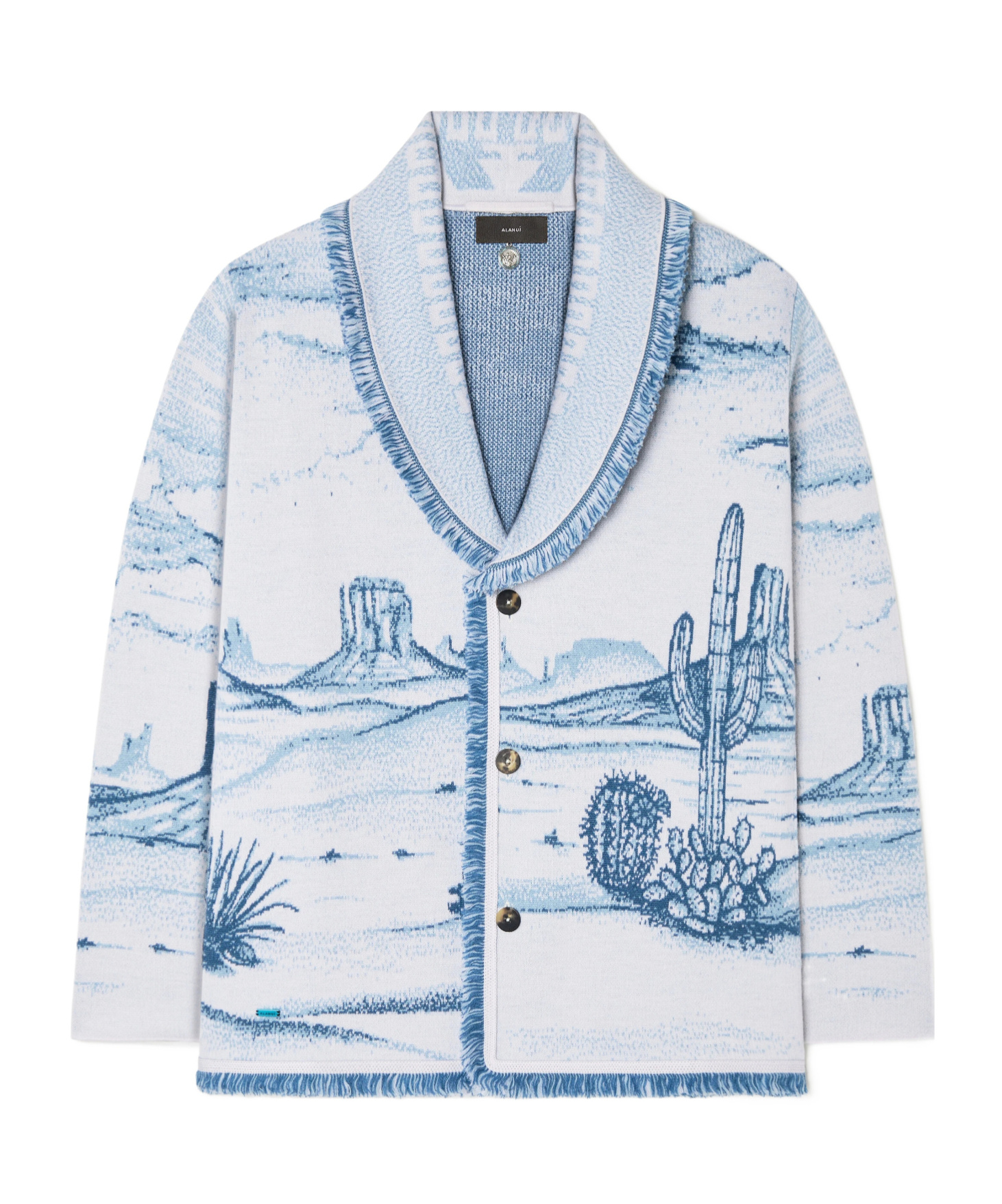 Alanui Silent Rider Landscape-intarsia Fringed Cardigan In Blue