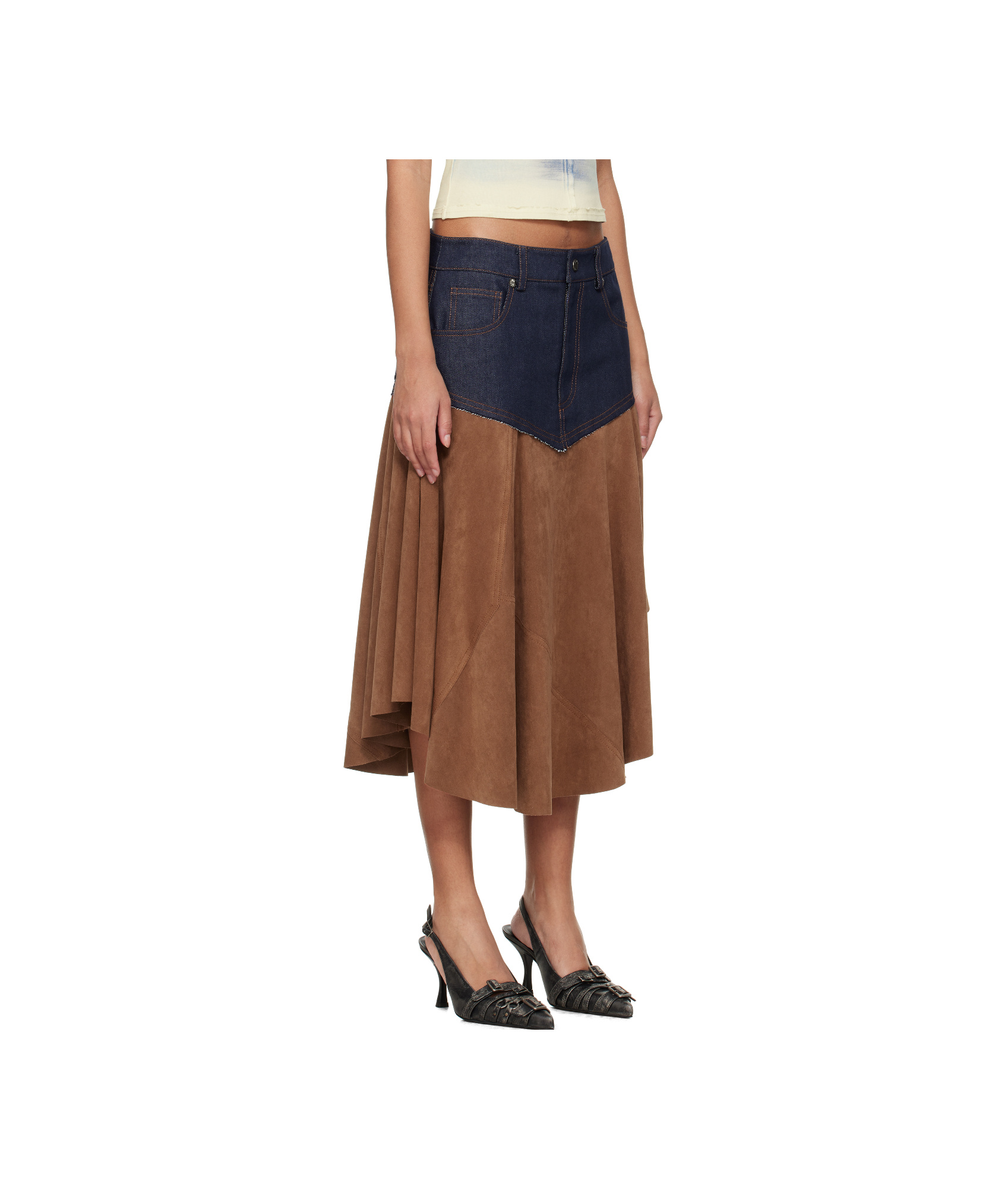 Andersson Bell Fairy Faux-suede Midi Skirt In Navy Blue/brown