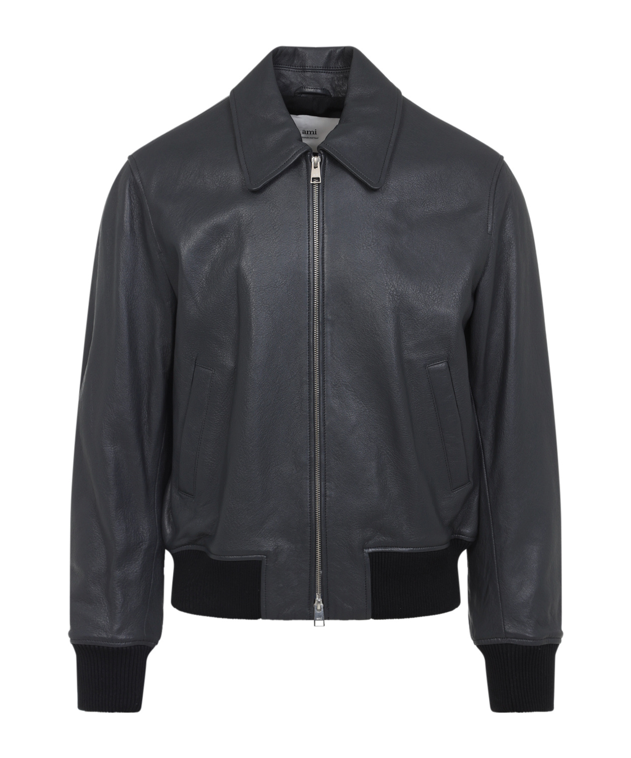 Ami Alexandre Mattiussi Mens Anthracite Regular-fit Spread-collar Leather Jacket In Blue