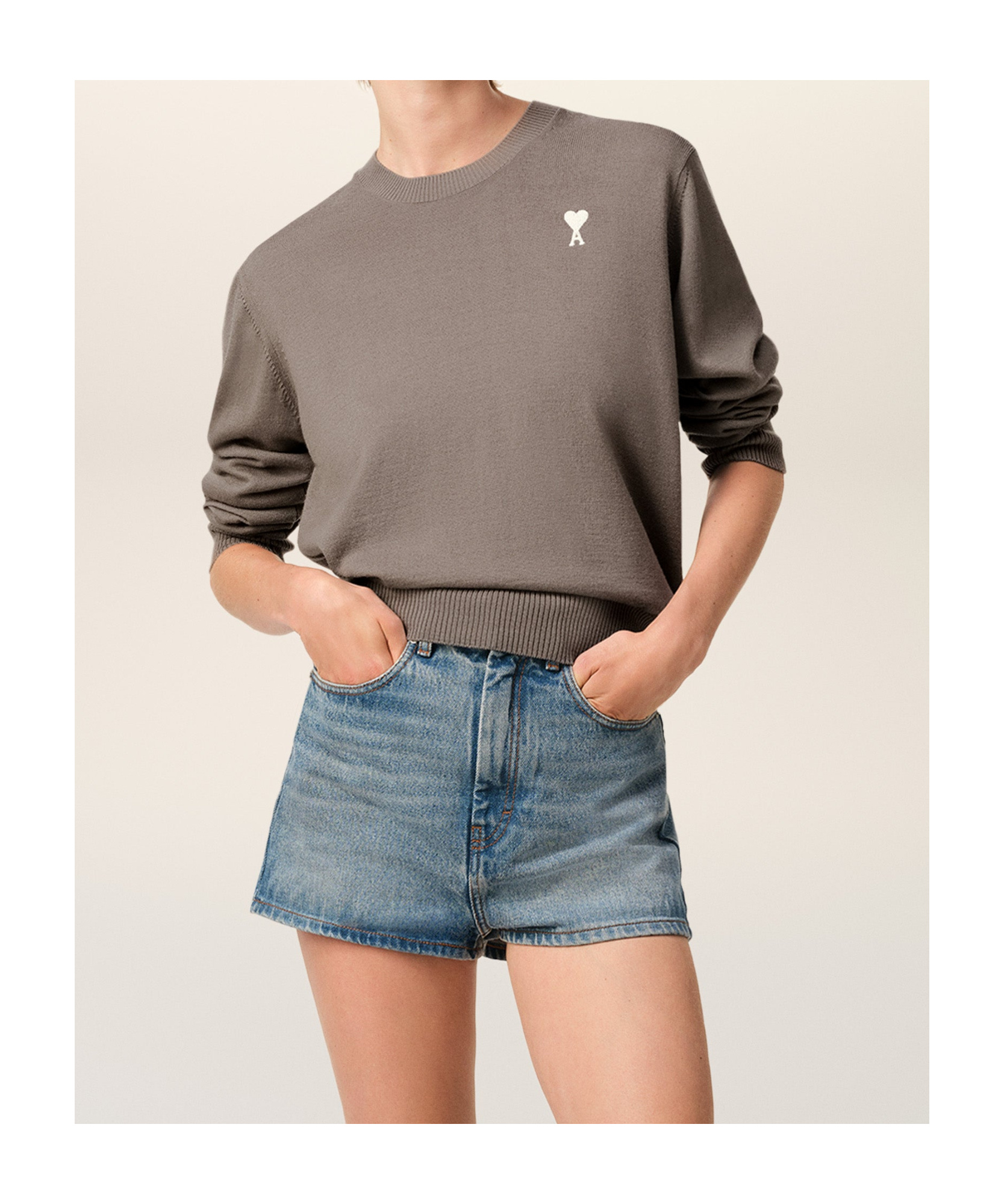 Ami Alexandre Mattiussi Beige Wool Ami De Coeur Crew Neck Sweater Grey In Gray