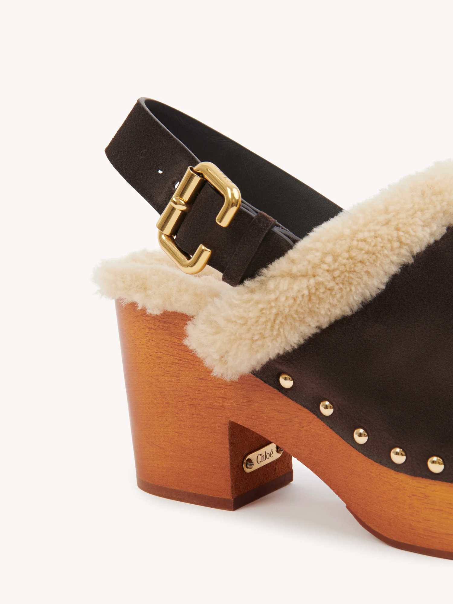 Chloé 80mm Shearling-trimmed Studded Clog In Brown
