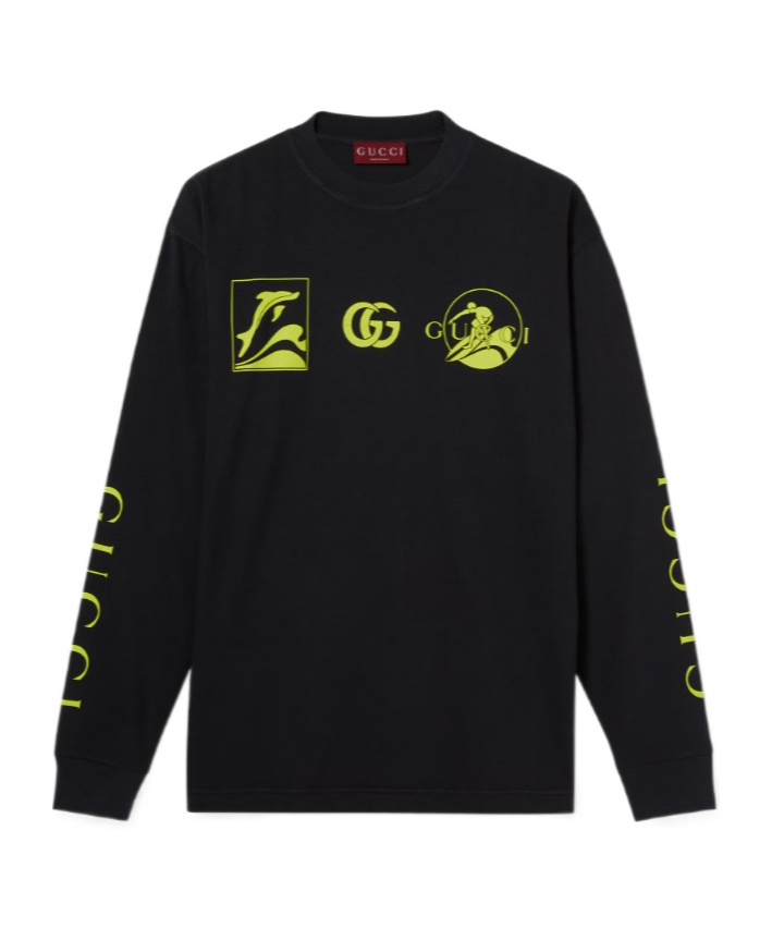 Gucci Black Crewneck T-shirt With All-over Prints And Maxi Logo Lettering On The Sleeves In Cotton M In Black