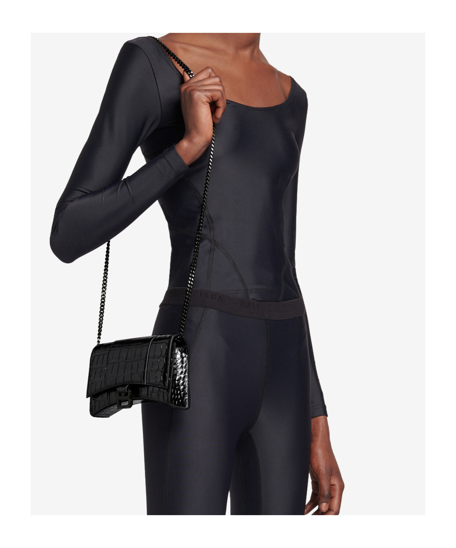 Balenciaga Hourglass Crocodile-effect Chain Wallet In Black