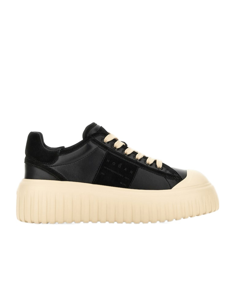 Hogan Leather And Suede Sneakers With Contrasting Sole In Black