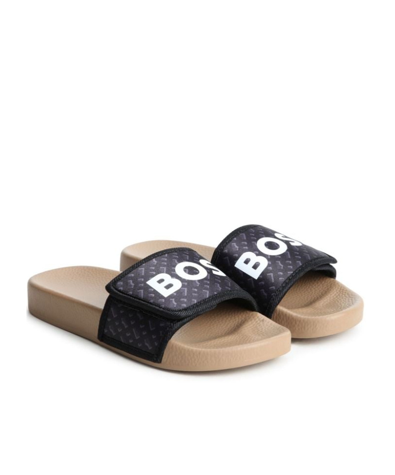 Hugo Boss Boss Boys Black Monogram Sliders In Nude