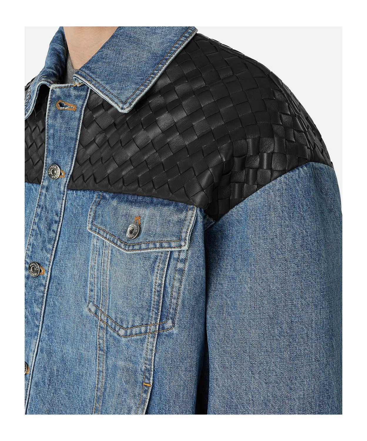 Bottega Veneta Mens Mid Blue Vintage Woven-panels Denim Jacket In Blue