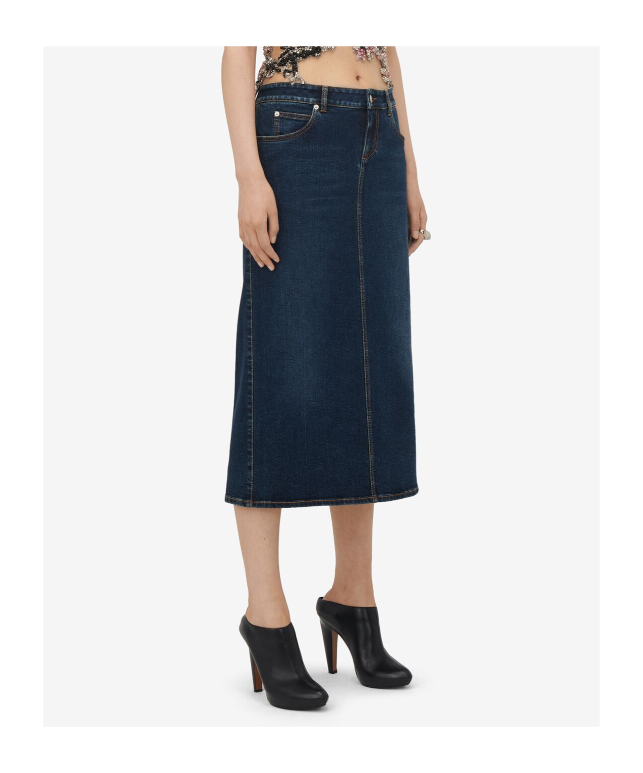 Alexander Mcqueen Log Patch Denim Midi Skirt In Blue